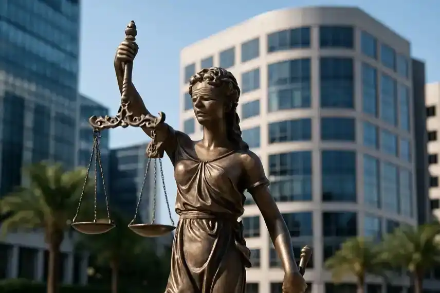 Symbolbild zur Africa Credit Rating Agency in Mauritius mit Justitia-Statue und modernen Bürogebäuden im Hintergrund.